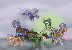 Size: 1815x1250 | Tagged: safe, artist:cazra, earth pony, ghoul, glowing one, pegasus, pony, undead, unicorn, zombie, fallout equestria, canterlot ghoul, fog, wasteland