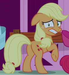 Size: 668x718 | Tagged: safe, screencap, apple bloom, applejack, pony, g4, going to seed, applebutt, butt, cropped, floppy ears, plot