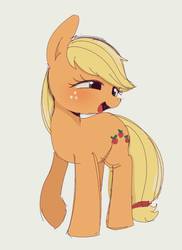 Size: 744x1024 | Tagged: safe, artist:manachaaaaaaaa, applejack, earth pony, pony, g4, cute, female, gray background, hatless, jackabetes, mare, missing accessory, open mouth, pixiv, simple background, solo