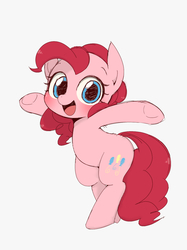 Size: 1024x1366 | Tagged: safe, artist:manachaaaaaaaa, pinkie pie, earth pony, pony, g4, bipedal, cute, diapinkes, female, gray background, mare, open mouth, pixiv, simple background, solo, underhoof