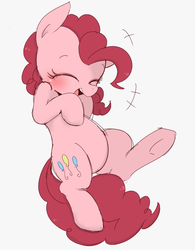 Size: 818x1049 | Tagged: safe, artist:manachaaaaaaaa, pinkie pie, earth pony, pony, g4, blushing, cute, diapinkes, eyes closed, female, gray background, happy, mare, open mouth, pixiv, simple background, solo