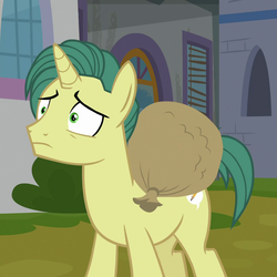 Size: 1078x1078 | Tagged: safe, screencap, dandy dispatch, pony, unicorn, g4, the ending of the end, bag, canterlot, cropped, loot bag, male, nervous, scared, shrunken pupils, solo, stallion, worried