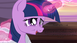 Size: 2000x1125 | Tagged: safe, artist:aaronmk, twilight sparkle, bird, pony, g4, cloud, dialogue, female, hood, levitation, lidded eyes, looking at you, lord of the rings, magic, ocean, older, open mouth, pier, smiling, solo, sunset, talking to viewer, telekinesis, text, vector
