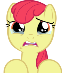 Size: 1509x1698 | Tagged: safe, artist:phucknuckl, edit, editor:slayerbvc, vector edit, apple bloom, earth pony, pony, g4, the last crusade, accessory-less edit, crying, female, filly, missing accessory, sad, simple background, solo, transparent background, vector