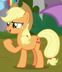 Size: 535x623 | Tagged: safe, screencap, applejack, spike, earth pony, pony, g4, the ending of the end, applejack's hat, clenched fist, cowboy hat, cropped, female, hat, mare, narrowed eyes, raised hoof, solo focus, talking