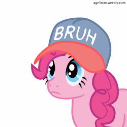 Size: 800x800 | Tagged: safe, artist:age3rcm, pinkie pie, earth pony, pony, animated, bruh, female, gif, hat, mare, simple background, solo, speech, white background