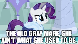 Size: 1280x720 | Tagged: safe, edit, edited screencap, editor:useraccount, screencap, rarity, g4, the last problem, caption, grey hair, image macro, old, older, older rarity, song reference, text, the old gray mare