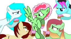 Size: 1216x678 | Tagged: safe, artist:ponyuniverse, oc, oc only, oc:artline, oc:az, oc:lizzie, oc:lunashu, oc:natty, base used, cake, food