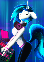 Size: 1748x2480 | Tagged: safe, artist:jphyperx, dj pon-3, vinyl scratch, unicorn, anthro, g4, beautiful, eyes closed, female, headphones, solo