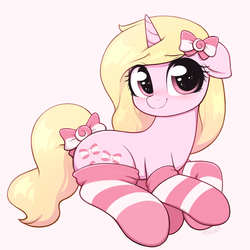 Size: 3000x3000 | Tagged: safe, artist:moozua, oc, oc only, oc:peppermint taffy, pony, unicorn, blushing, bow, clothes, commission, cute, female, floppy ears, hair bow, high res, looking at you, lying down, mare, pink background, simple background, smiling, socks, solo, striped socks, tail bow