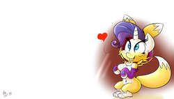 Size: 5000x2831 | Tagged: safe, artist:catlion3, rarity, renamon, semi-anthro, g4, arm hooves, breasts, busty rarity, chibi, clothes, costume, digimon, female, furrity, solo, wallpaper