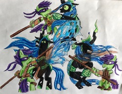 Size: 3438x2655 | Tagged: safe, artist:bozzerkazooers, queen chrysalis, g4, the ending of the end, high res, ninja turtles, traditional art