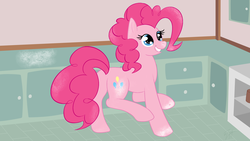 Size: 1920x1080 | Tagged: safe, artist:muzza299, pinkie pie, earth pony, pony, g4, counter, flour, raised leg, smiling