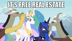 Size: 960x540 | Tagged: safe, edit, edited screencap, screencap, discord, princess celestia, princess luna, alicorn, draconequus, pony, g4, the ending of the end, it's free real estate, meme, text