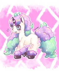 Size: 512x640 | Tagged: safe, artist:yukiru, galarian ponyta, pony, ponyta, unicorn, :d, abstract background, blushing, cute, female, heart, looking at you, multicolored hair, open mouth, pokemon sword and shield, pokémon, ponified, profile, smiling, solo