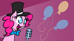 Size: 1920x1080 | Tagged: safe, artist:muzza299, pinkie pie, earth pony, pony, g4, cutie mark, female, hat, microphone, no pupils, open mouth, singing, solo, top hat, wallpaper