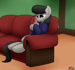 Size: 1951x1841 | Tagged: safe, artist:the-furry-railfan, octavia melody, earth pony, pony, clothes, couch, female, food, indoors, mug, relaxing, robe, sitting, solo, steam, tea