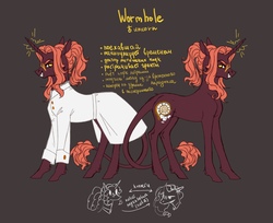 Size: 1280x1045 | Tagged: safe, artist:weird--fish, oc, oc only, oc:wormhole, pony, unicorn, brown background, clothes, cyrillic, female, glasses, grin, horn, lab coat, reference sheet, russian, side view, simple background, smiling, solo, translated in the comments, unicorn oc