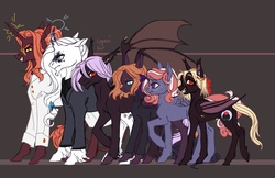 Size: 1280x828 | Tagged: safe, artist:weird--fish, oc, oc only, oc:enotera, oc:fractal, oc:hidey, oc:levkoy, oc:mr. b. black, oc:wormhole, bat pony, pegasus, pony, unicorn, bat pony oc, brown background, colored eyebrows, cyrillic, fangs, female, fetlock tuft, height difference, horn, line-up, looking at you, male, mare, no pupils, open mouth, open smile, pegasus oc, raised hoof, reference sheet, russian, simple background, size chart, size comparison, slit pupils, smiling, smiling at you, stallion, unicorn oc
