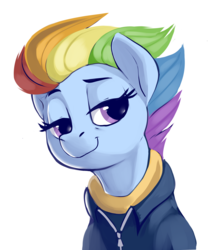 Size: 1753x1959 | Tagged: safe, artist:dimfann, rainbow dash, pegasus, pony, the last problem, clothes, female, hoodie, lidded eyes, looking at you, mare, older, older rainbow dash, simple background, smiling, solo, white background