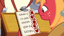 Size: 1920x1080 | Tagged: safe, screencap, big macintosh, earth pony, pony, g4, the last problem, applesauce, checklist, confused, crate, male, stallion, stamp, written equestrian