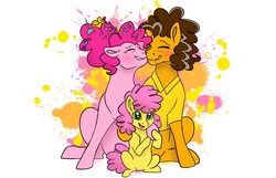 Size: 3375x2173 | Tagged: safe, artist:bella-pink-savage, cheese sandwich, li'l cheese, pinkie pie, earth pony, pony, g4, the last problem, abstract background, eyes closed, family, female, filly, high res, male, nuzzling, older, older cheese sandwich, older cheesepie, older pinkie pie, ship:cheesepie, shipping, sitting, smiling, straight