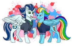 Size: 3375x2173 | Tagged: safe, artist:bella-pink-savage, rainbow dash, soarin', pony, g4, the last problem, abstract background, cute, dashabetes, duo, female, high res, looking at each other, male, older, older rainbow dash, older soarin', older soarindash, ship:soarindash, shipping, smiling, soarinbetes, straight