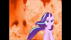 Size: 1366x768 | Tagged: safe, artist:westrail642fan, edit, starlight glimmer, pony, unicorn, g4, the ending of the end, atomic train, cool guys don't look at explosions, explosion, female, frown, lidded eyes, mare, starlight glimmer in places she shouldn't be, walking away from explosion, windswept mane