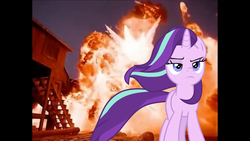 Size: 1366x768 | Tagged: safe, artist:westrail642fan, edit, starlight glimmer, pony, unicorn, g4, the ending of the end, atomic train, badass, cool guys don't look at explosions, explosion, female, frown, lidded eyes, mare, starlight glimmer in places she shouldn't be, walking away from explosion, windswept mane
