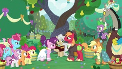Size: 1920x1080 | Tagged: safe, screencap, apple bloom, applejack, big macintosh, cup cake, discord, mayor mare, scootaloo, spike, sugar belle, sweetie belle, draconequus, dragon, earth pony, pegasus, pony, unicorn, g4, the big mac question, apple, apple tree, barrel, book, cutie mark crusaders, female, food, intertwined trees, male, mare, pear tree, ship:sugarmac, shipping, stallion, straight, tree, winged spike, wings