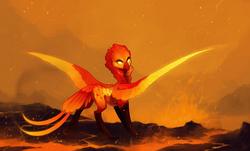 Size: 1024x617 | Tagged: safe, artist:koviry, griffon, glowing eyes, lava, looking at you, looking back, looking back at you, solo, spread wings, wings