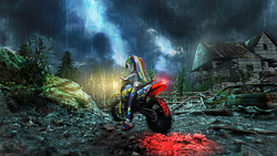 Size: 3840x2160 | Tagged: safe, artist:popa-3d-animations, rainbow dash, equestria girls, g4, 3d, awesome, converse, cool, epic, female, high res, motorcycle, rain, scenery, shoes, solo