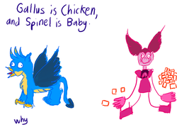 Size: 1400x1000 | Tagged: safe, artist:horsesplease, gallus, gem (race), griffon, g4, spoiler:steven universe, spoiler:steven universe: the movie, 1000 hours in ms paint, crowing, derp, duo, duo male and female, female, gallus the rooster, gem, male, spinel, spinel (steven universe), spoilers for another series, steven universe, steven universe: the movie, why