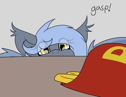 Size: 2500x1935 | Tagged: safe, artist:codras, oc, oc only, oc:panne, bat pony, pony, cute, ear fluff, ear tufts, eyes on the prize, female, food, french fries, gasp, gray background, looking at something, mare, ocbetes, onomatopoeia, p, peeking, simple background, smiling, solo, table