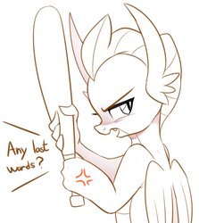 Size: 2139x2400 | Tagged: safe, artist:maren, smolder, dragon, g4, angry, baseball bat, cross-popping veins, dialogue, female, high res, monochrome, this will end in pain
