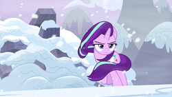 Size: 1920x1080 | Tagged: safe, screencap, starlight glimmer, pony, unicorn, g4, the ending of the end, badass, female, frown, lidded eyes, mare, snow, solo, walking away, windswept mane