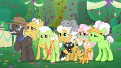 Size: 1920x1080 | Tagged: safe, screencap, apple rose, auntie applesauce, burnt oak, goldie delicious, grand pear, granny smith, cat, earth pony, pony, g4, the big mac question, apple, apple tree, crying, elderly, female, liquid pride, male, mare, stallion, tears of joy, teary eyes, tree