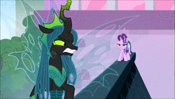 Size: 1920x1080 | Tagged: safe, screencap, queen chrysalis, starlight glimmer, changeling, pony, unicorn, g4, the ending of the end, angry, animated, female, magic beam, mare, one-liner, put it on my tab, school of friendship, smug, smuglight glimmer, snow, sound, ultimate chrysalis, webm, windswept mane