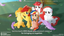 Size: 1920x1080 | Tagged: safe, artist:jhayarr23, oc, oc:indonisty, oc:kwankao, oc:pearl shine, oc:rosa blossomheart, oc:temmy, pony, project seaponycon, crying, end of ponies, feather, implied twilight sparkle, indonesia, movie accurate, nation ponies, philippines, singapore