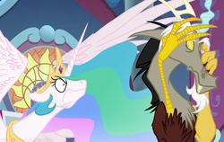 Size: 1222x772 | Tagged: safe, artist:grievousfan, edit, edited screencap, screencap, discord, princess celestia, alicorn, draconequus, pony, g4, the ending of the end, angry, angry face, ears back, female, frown, glare, male, mare, rage, scared, spread wings, wavy mouth, wide eyes, wings