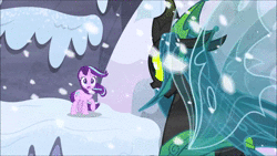 Size: 1920x1080 | Tagged: safe, screencap, queen chrysalis, starlight glimmer, changeling, pony, unicorn, g4, the ending of the end, animated, avalanche, badass, blast, female, magic, magic beam, magic blast, mare, palindrome get, put it on my tab, smug, smuglight glimmer, snow, sound, teleportation, ultimate chrysalis, webm, windswept mane