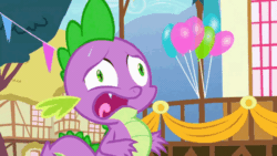 Size: 540x304 | Tagged: safe, screencap, spike, dragon, g4, triple threat, animated, balloon, breathing, breathing heavily, faic, hyperventilating, male, panicking, ponyville, ponyville town hall, reaction image, solo, sweat