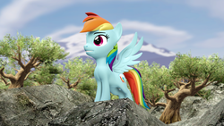 Size: 1920x1080 | Tagged: safe, artist:szczerbix, rainbow dash, pegasus, pony, g4, 16:9, 3d, female, mare, mountain, revamped ponies, scenery, sky, smiling, solo, source filmmaker, tree, wallpaper, wings