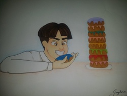 Size: 4128x3096 | Tagged: safe, artist:jazza2003, featherweight, human, g4, colored, donut, food, humanized, male, solo, traditional art