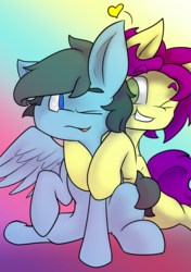 Size: 3501x4968 | Tagged: safe, artist:brsajo, derpibooru exclusive, oc, oc:brsajo, oc:fordsie, earth pony, pegasus, pony, colored pupils, cuddling, cute, gradient background, grin, heart, hug, male, one eye closed, smiling, snuggling, stallion, wink