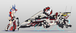 Size: 2254x990 | Tagged: safe, artist:satv12, oc, oc:blackjack, oc:rampage, earth pony, pony, semi-anthro, fallout equestria, fallout equestria: project horizons, arm hooves, bipedal, boots, breasts, cleavage, clothes, gun, hoverbike, leotard, race queen, shoes, shotgun, spas-12, umbrella, weapon