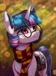 Size: 2191x3000 | Tagged: safe, artist:mrscroup, twilight sparkle, pony, unicorn, g4, clothes, female, glasses, harry potter (series), high res, looking up, mare, saddle bag, scarf, solo, unicorn twilight