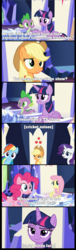 Size: 800x2648 | Tagged: safe, edit, edited screencap, screencap, applejack, fluttershy, pinkie pie, rainbow dash, rarity, spike, twilight sparkle, alicorn, dragon, earth pony, pegasus, pony, unicorn, g4, breaking the fourth wall, comic, female, friendship throne, male, mane seven, mane six, mare, screencap comic, twilight sparkle (alicorn)