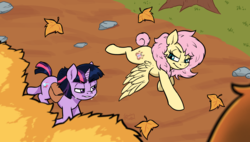 Size: 2153x1221 | Tagged: safe, artist:soulcentinel, fluttershy, twilight sparkle, pony, fanfic:twin fates, g4, alternate cutie mark, alternate hairstyle, alternate universe, autumn, cover art, female, leaves, ring, saddle bag, short hair, short tail, smiling, sweat