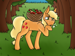 Size: 4000x3000 | Tagged: safe, artist:proudmuggle, applejack, earth pony, pony, g4, apple, apple tree, female, food, freckles, mare, solo, sweat, tree, working